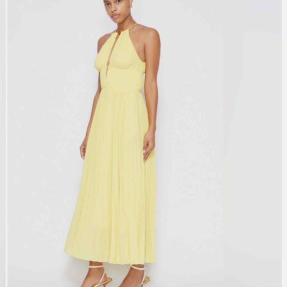 JOHNATHAN SIMKHAI CARLI PLISSE HALTER LIMONCELLO COLOR MIDI DRESS sz 8 - Picture 6 of 6